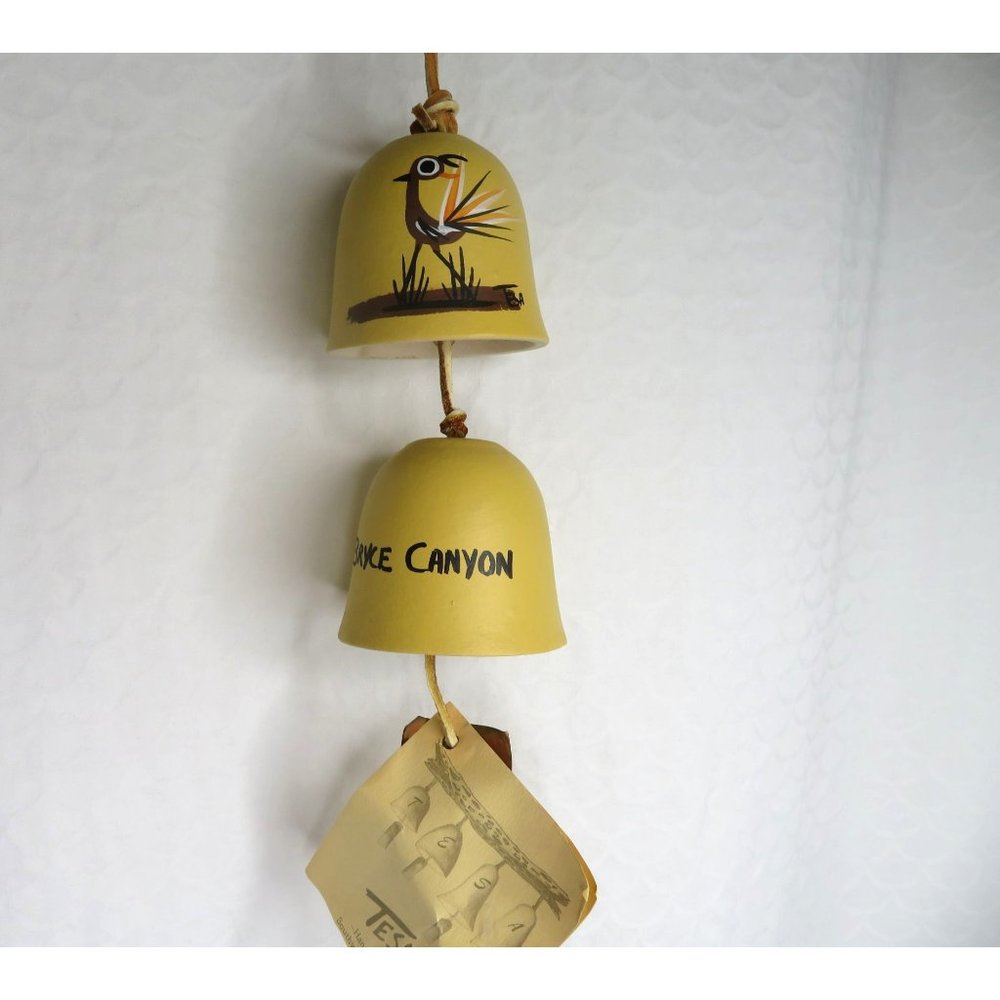 TESA Pottery Double Bell Wind Chime Roadrunner Southwestern Hand Painted NEW